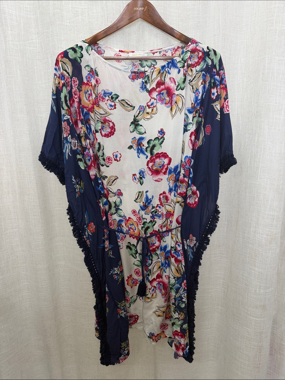 Johnny Was Floral Navy and Cream Kimono Dress with Tassel Tie Size 12